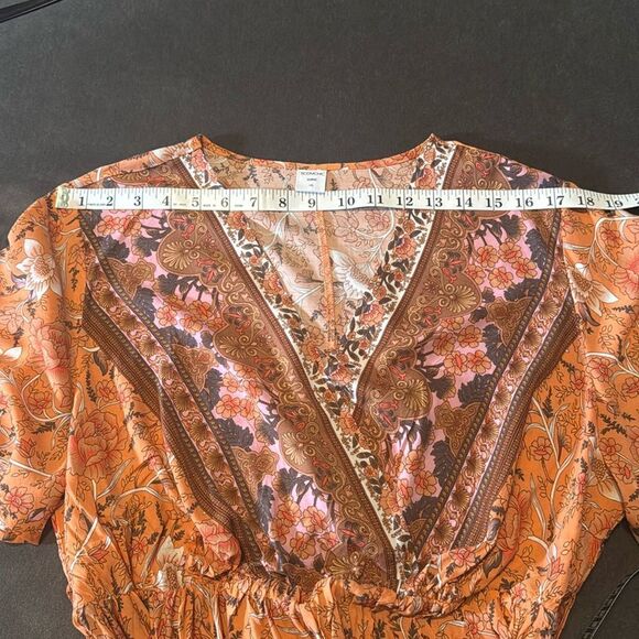 V-Neck Bohemian Orange Floral Print Short Summer Dress Cover Up Size XL NEW - Picture 9 of 13